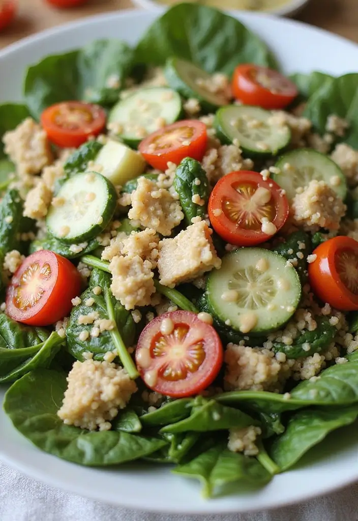 25 High Protein Vegan Salad Recipes That Actually Taste Amazing 57 25 High Protein Vegan Salad Recipes That Actually Taste Amazing - 11. Spinach & Quinoa Salad with Tahini Dressing