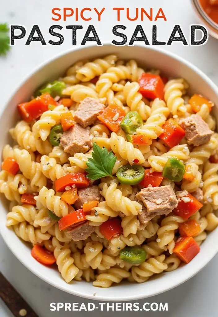 25 Main Dish Pasta Salad Recipes That Are Satisfying and Easy 21 25 Main Dish Pasta Salad Recipes That Are Satisfying and Easy - 5. Spicy Tuna Pasta Salad