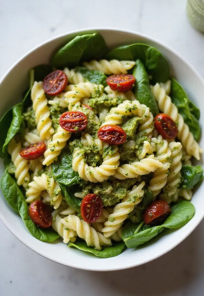 27 Low Cal Pasta Salad Recipes Perfect for Weight Loss Goals 16 27 Low Cal Pasta Salad Recipes Perfect for Weight Loss Goals - 4. Pesto Pasta Salad with Spinach