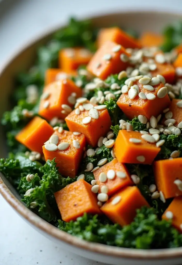30+ Kale and Sweet Potato Salad Recipes That Feel Like Comfort Food 1 30+ Kale and Sweet Potato Salad Recipes That Feel Like Comfort Food - 1. Roasted Sweet Potato and Kale Salad with Tahini Dressing
