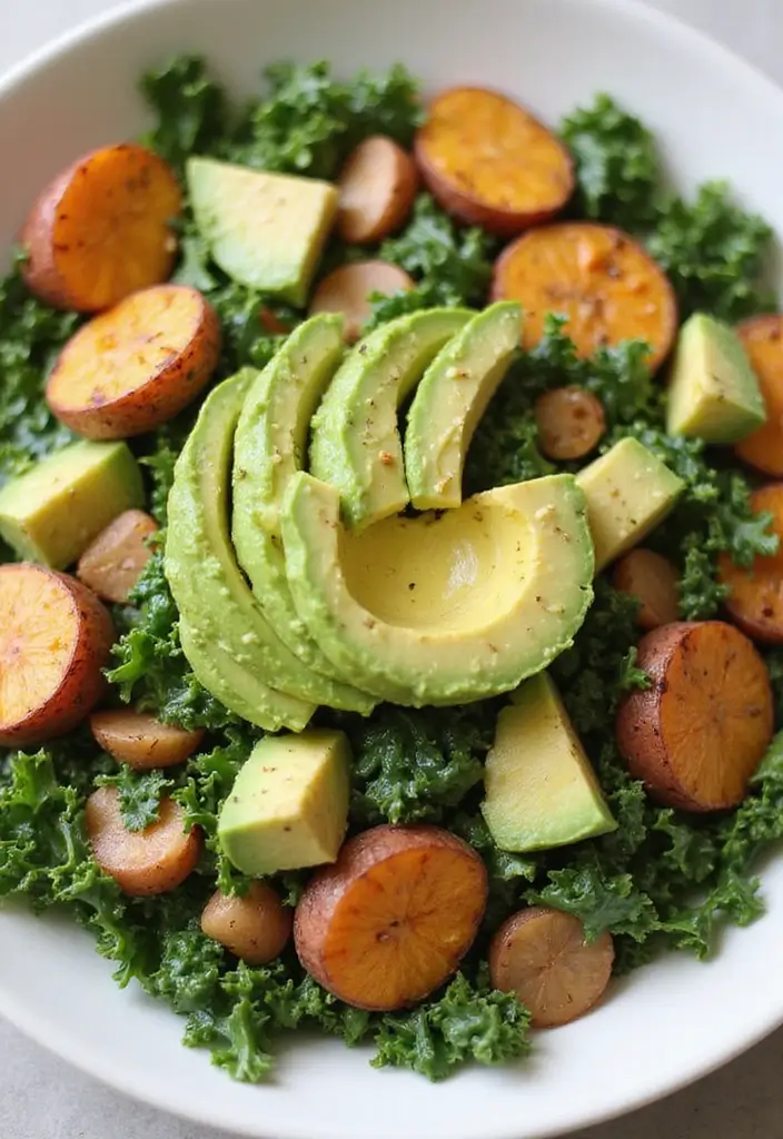 30+ Kale and Sweet Potato Salad Recipes That Feel Like Comfort Food 51 30+ Kale and Sweet Potato Salad Recipes That Feel Like Comfort Food - 11. Creamy Avocado, Sweet Potato, and Kale Salad