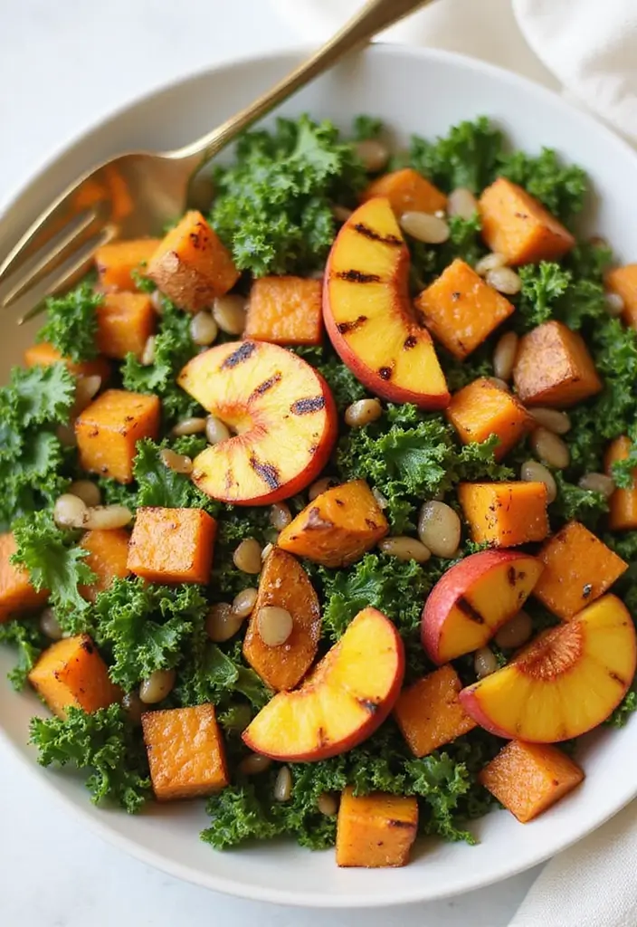 30+ Kale and Sweet Potato Salad Recipes That Feel Like Comfort Food 116 30+ Kale and Sweet Potato Salad Recipes That Feel Like Comfort Food - 24. Grilled Peach, Kale, and Sweet Potato Salad