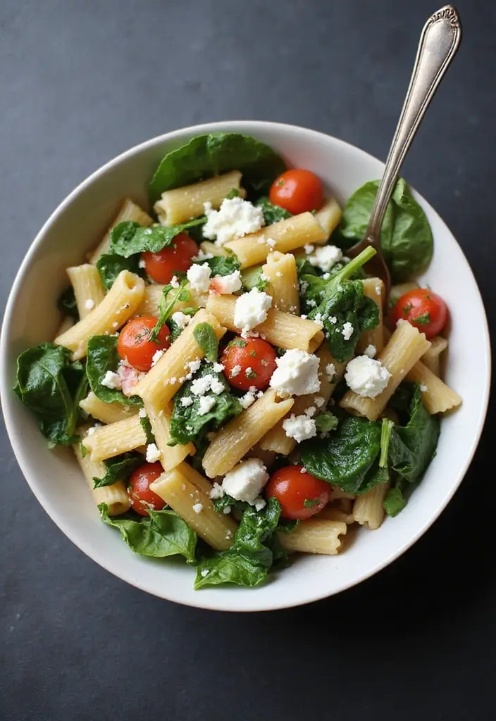 30+ Lettuce and Spinach Salad Recipes for Every Occasion - 9. Spinach Feta Pasta Salad