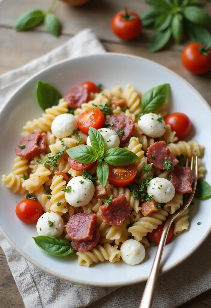 30+ Pasta Salad Recipes with Salami for a Savory Twist 208 30+ Pasta Salad Recipes with Salami for a Savory Twist - 30. Caprese Pasta Salad with Salami