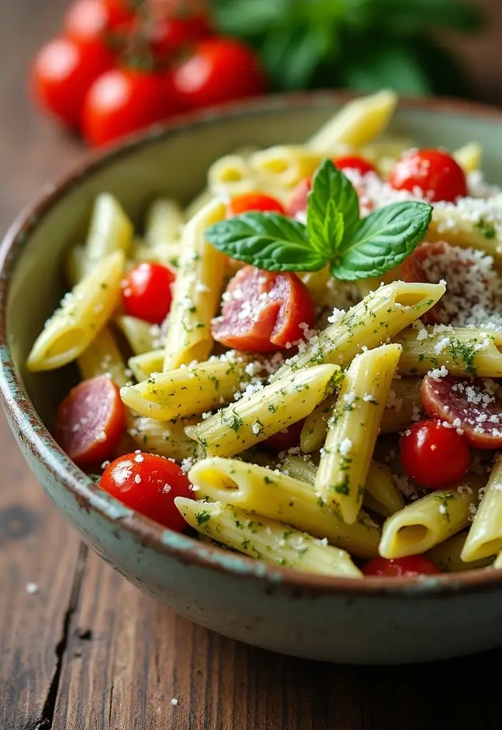 30+ Pasta Salad Recipes with Salami for a Savory Twist 22 30+ Pasta Salad Recipes with Salami for a Savory Twist - 4. Pesto Pasta Salad with Salami