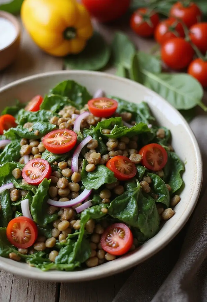 30+ Vegetarian High Protein Salad Recipes to Keep You Energized 18 30+ Vegetarian High Protein Salad Recipes to Keep You Energized - 4. Lentil and Spinach Salad