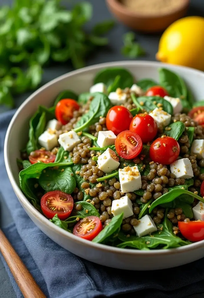 30+ Vegetarian High Protein Salad Recipes to Keep You Energized 40 30+ Vegetarian High Protein Salad Recipes to Keep You Energized - 8. Spinach and Feta Salad with Lentils